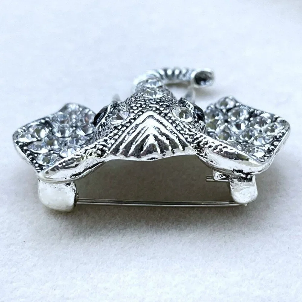Silver with White Diamond and Black Onyx Crystal Elephant Pin Back Brooch